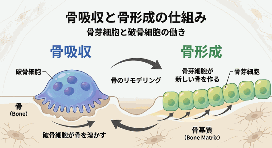 骨吸収と骨形成の仕組み。破骨細胞が古い骨を溶かし、骨芽細胞が新しい骨をつくる骨のリモデリングを示した図。
